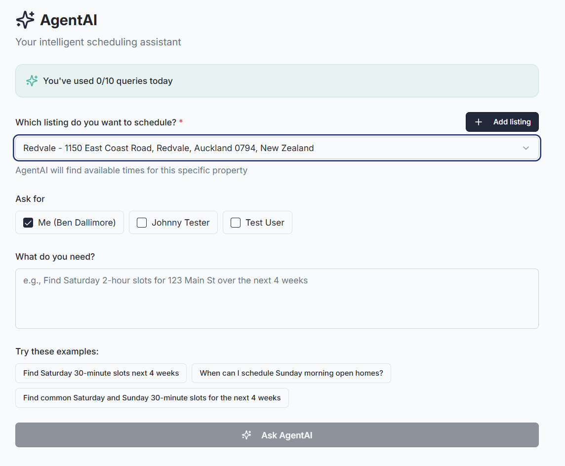 AgentAI scheduling assistant with a listing selector, agent choices, and scheduling prompt